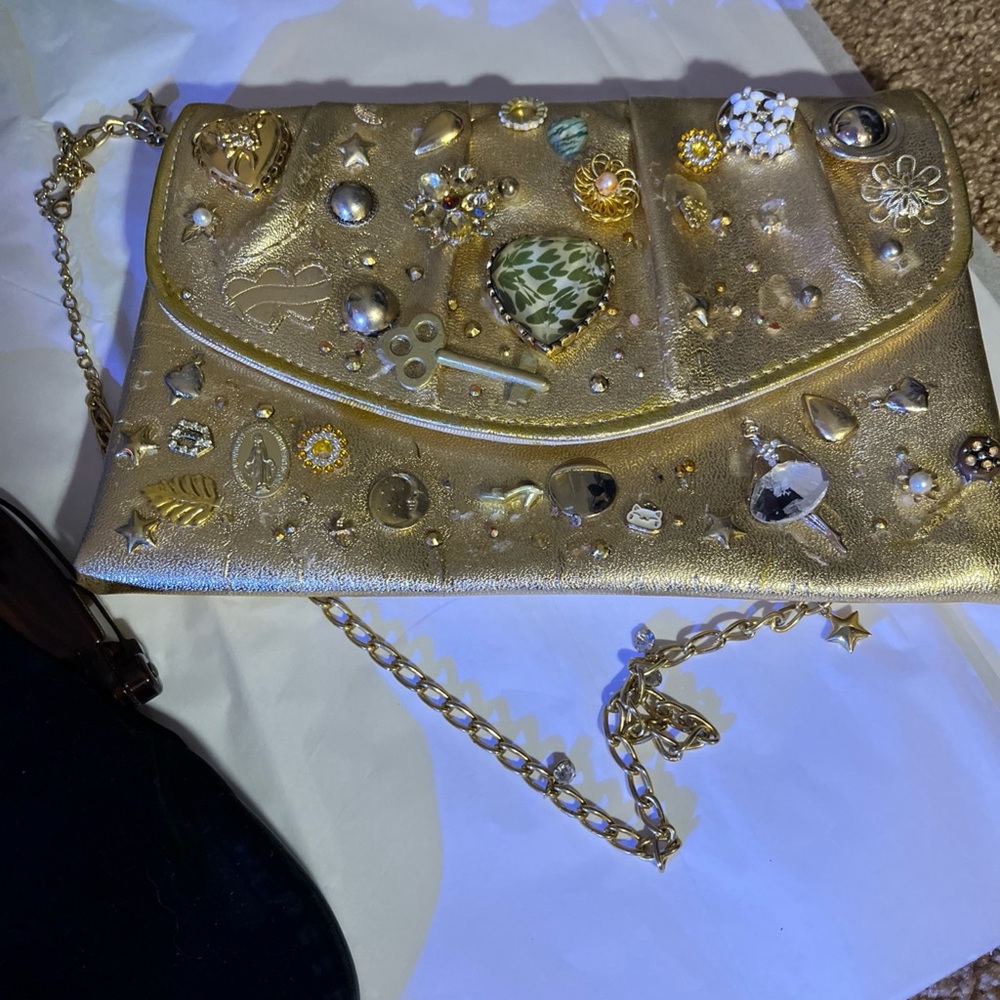 Gold Textured Clutch with Crystal Embellishments